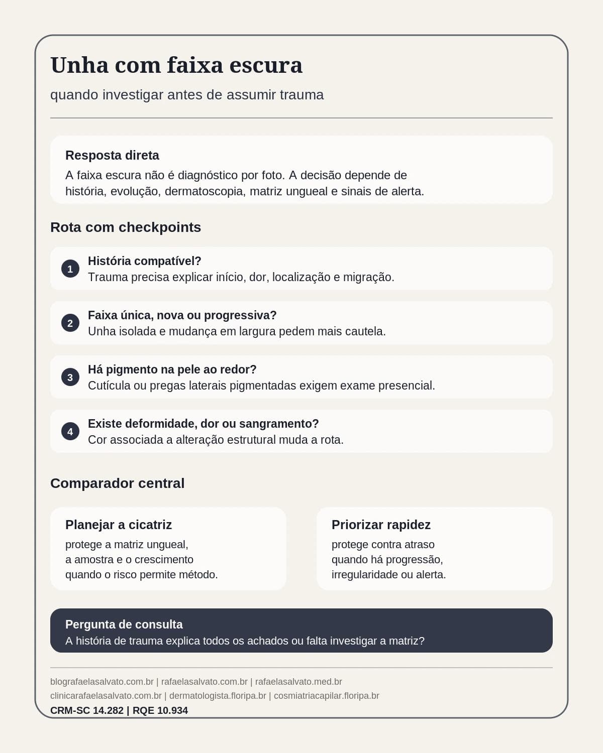 Infografico editorial - Unha com faixa escura: quando investigar antes de assumir que é trauma
