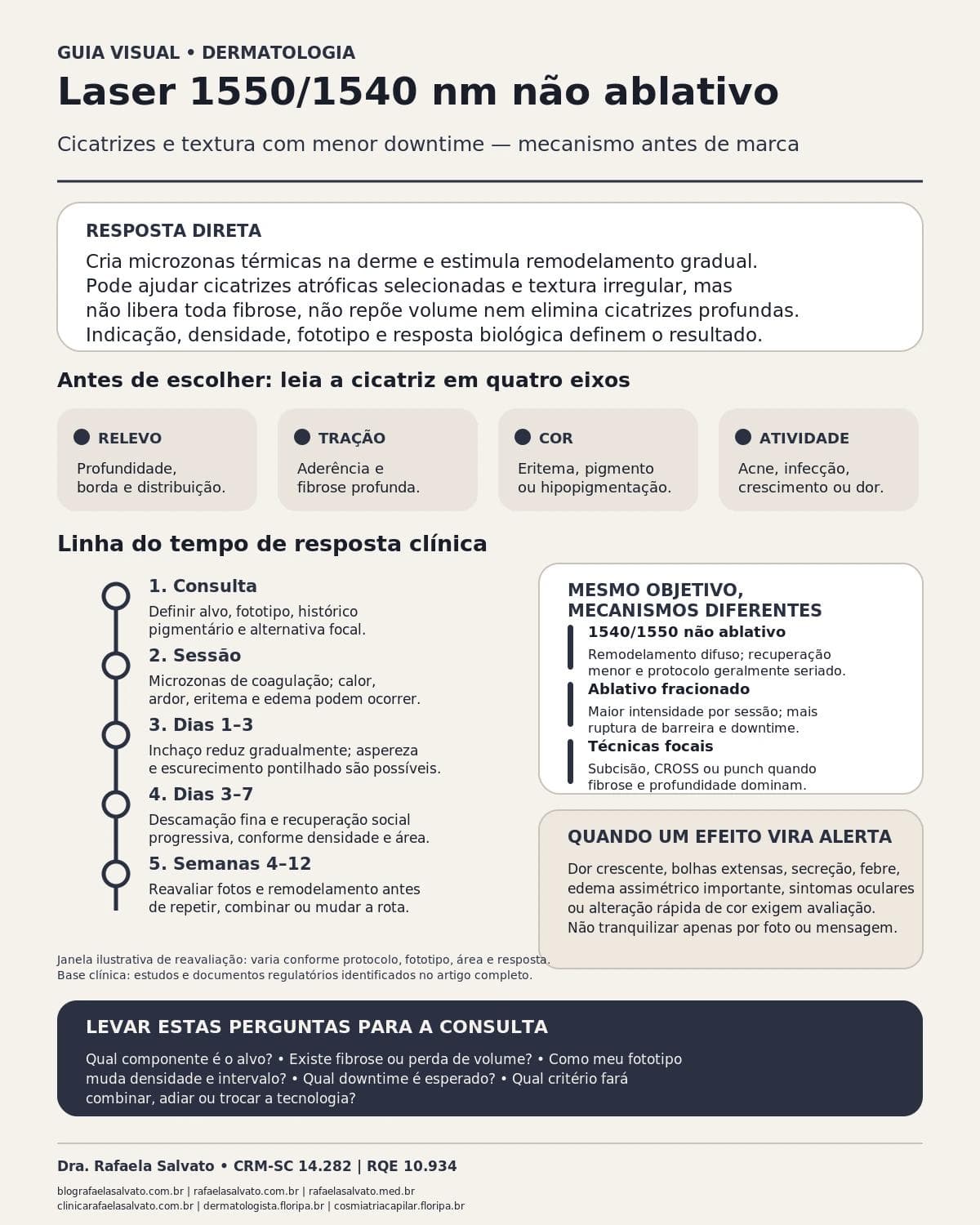 Infográfico editorial — Laser 1550/1540 nm não ablativo: cicatrizes e textura com menor downtime