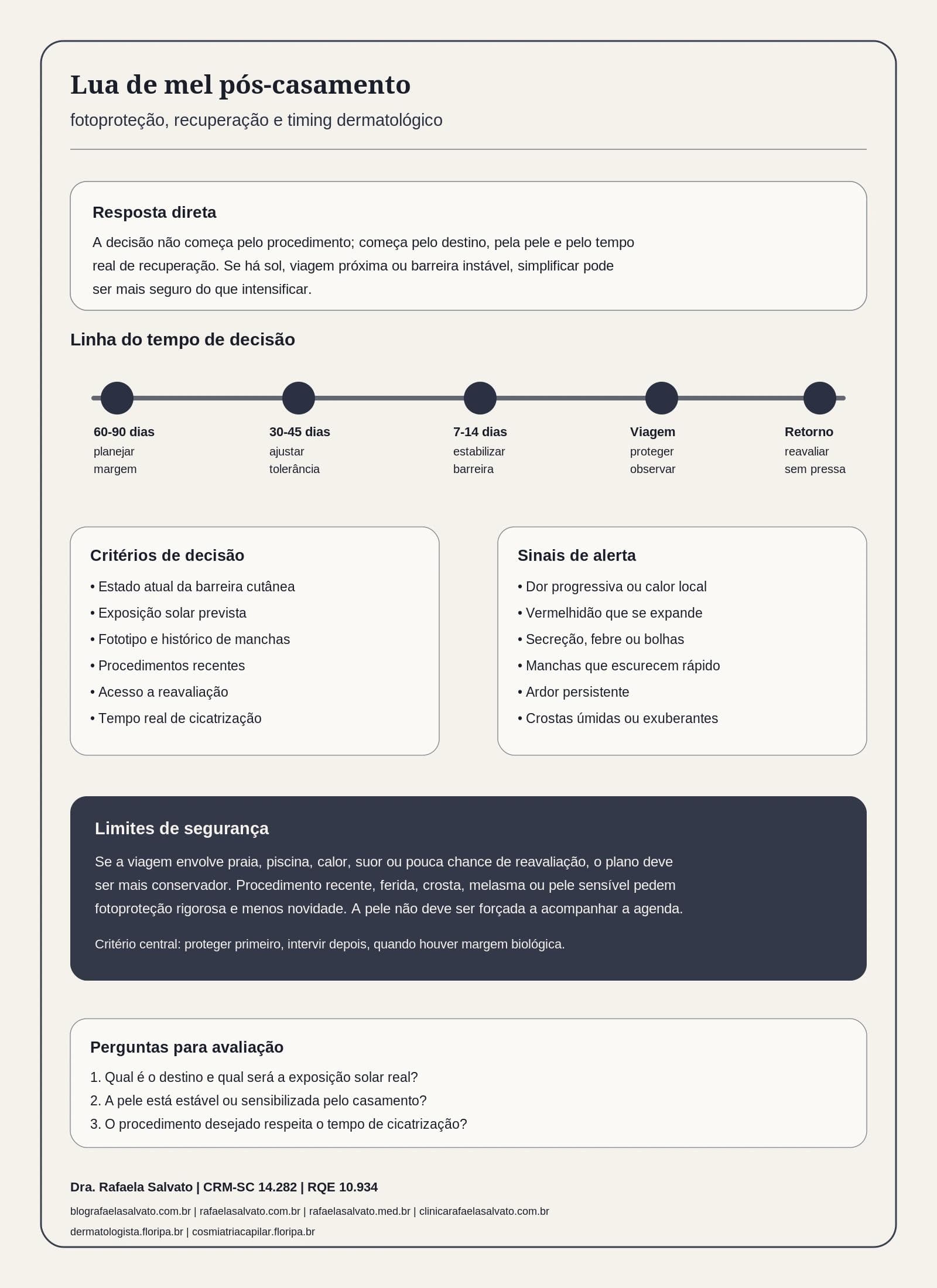 Lua de mel pós-casamento: fotoproteção, recuperação e timing dermatológico
