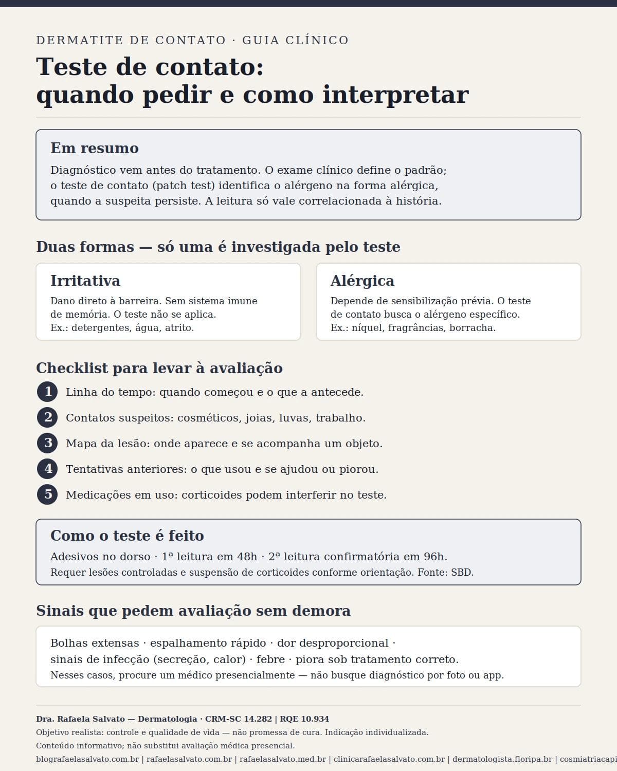 Infográfico editorial — Dermatite de contato: teste de contato: quando pedir e como interpretar
