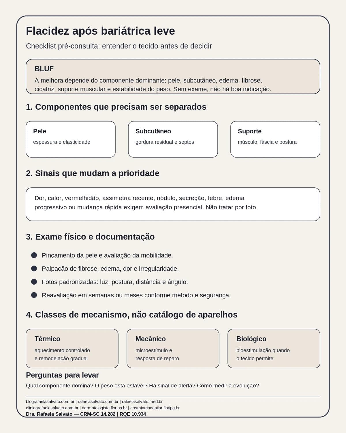 Infográfico editorial — Flacidez após bariátrica leve: o que a dermatologia consegue melhorar sem cirurgia