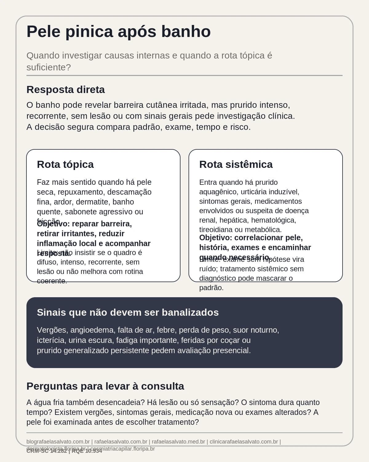 Infografico editorial - Pele pinica após banho investigar causas internas: como comparar risco, espera e tratamento