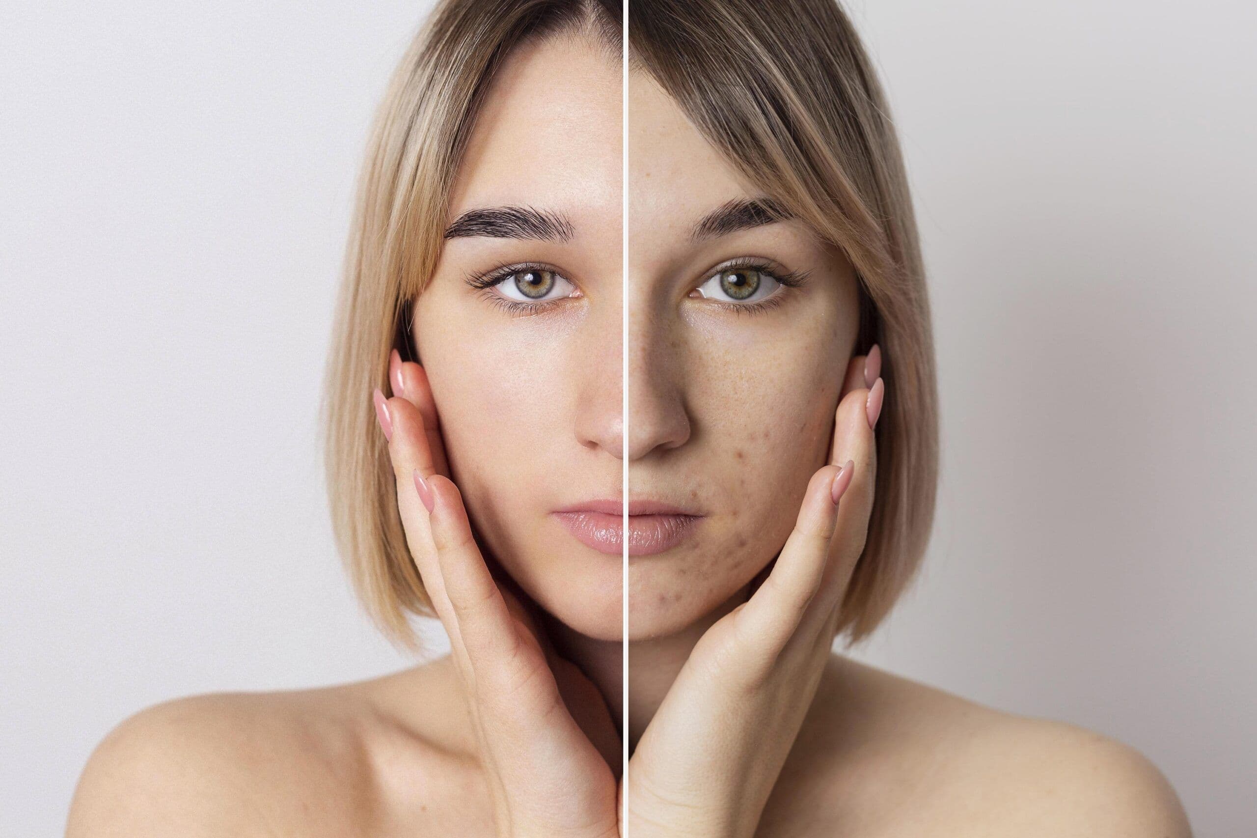 Comparativo de antes e depois do tratamento de cicatrizes de acne com laser de picossegundos, evidenciando o refinamento da textura cutânea e o remodelamento da arquitetura da pele por meio da tecnologia fotoacústica