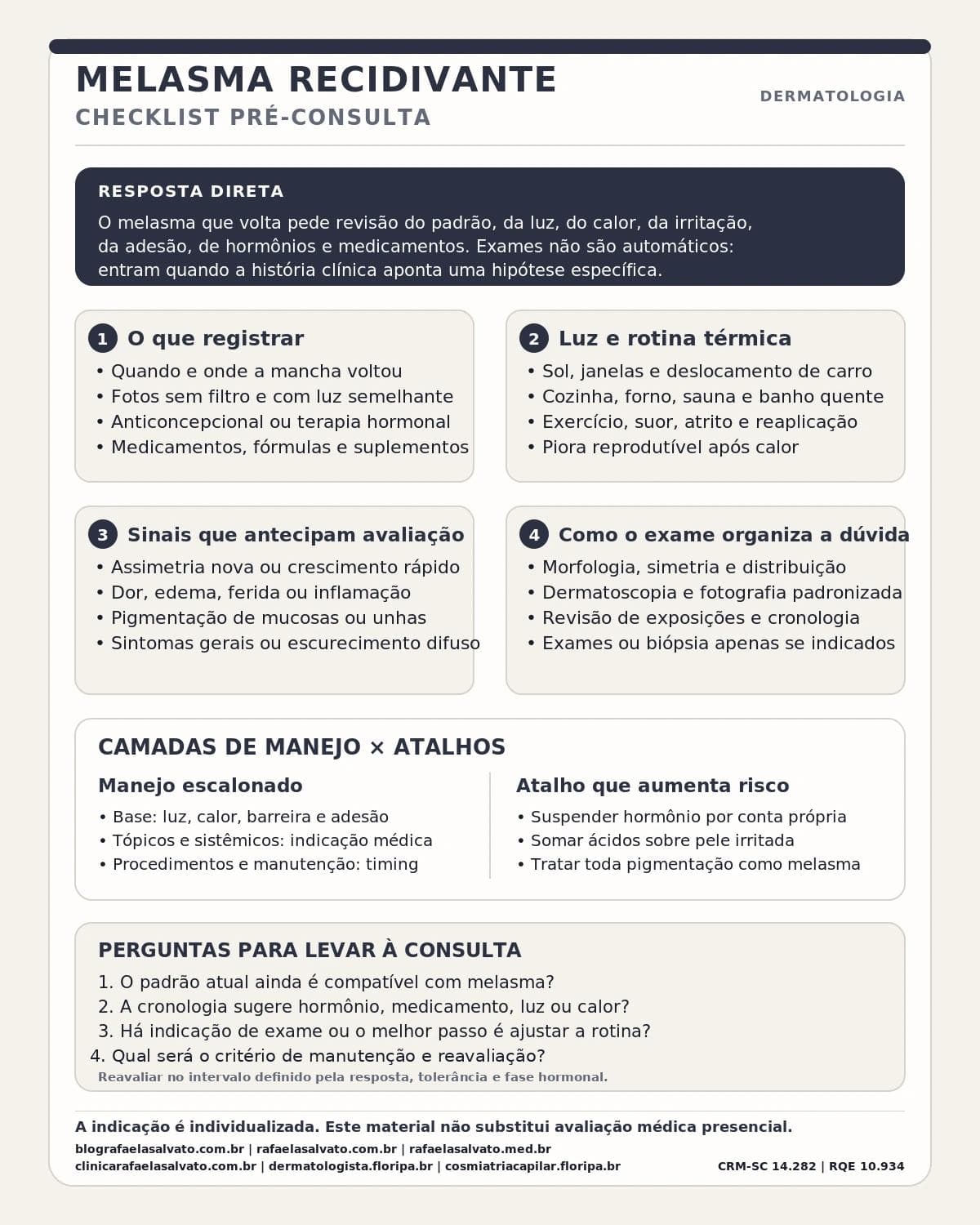 Infográfico editorial — Melasma recidivante e gatilhos sistêmicos: medicamentos, hormônios e rotina térmica