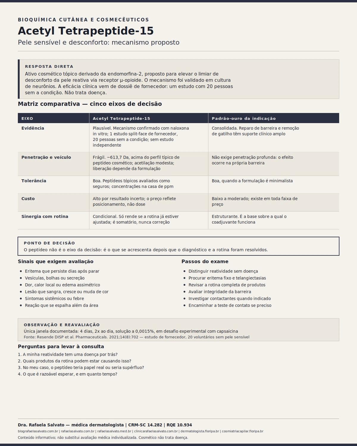 Infográfico editorial — Acetyl Tetrapeptide-15: pele sensível e desconforto: mecanismo proposto