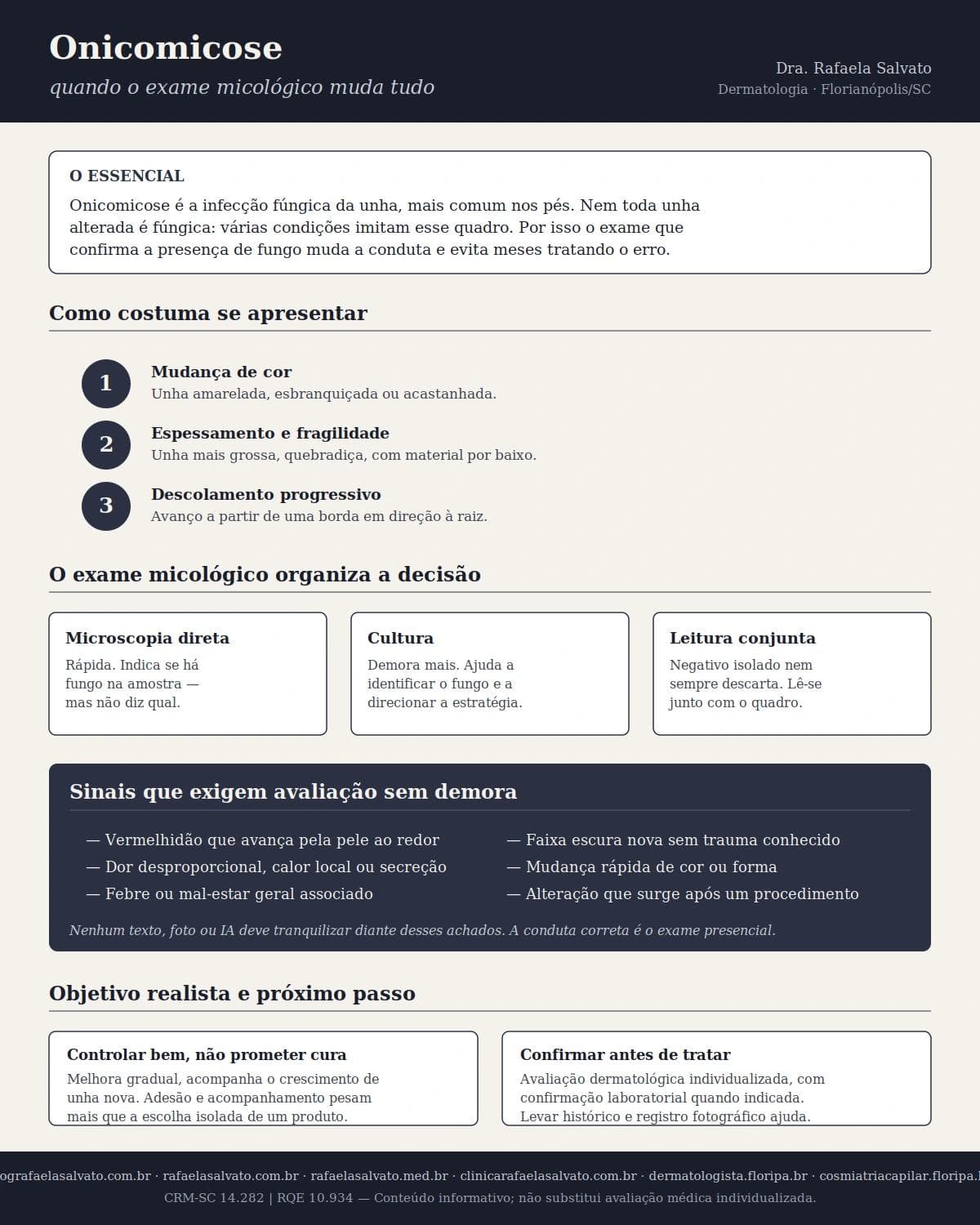 Infográfico editorial — Onicomicose: quando o exame micológico muda tudo