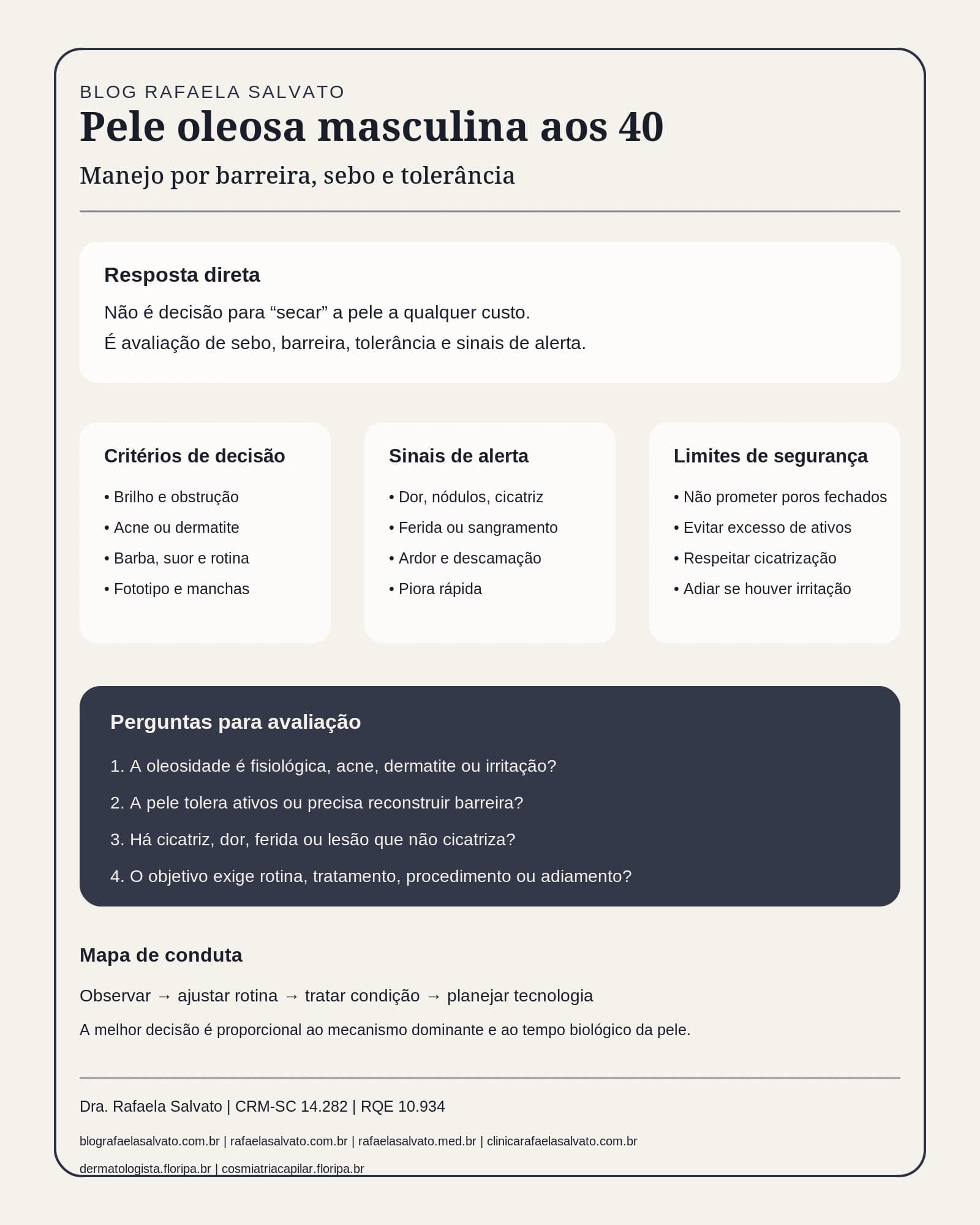 Pele oleosa masculina aos 40: manejo por barreira, sebo e tolerância