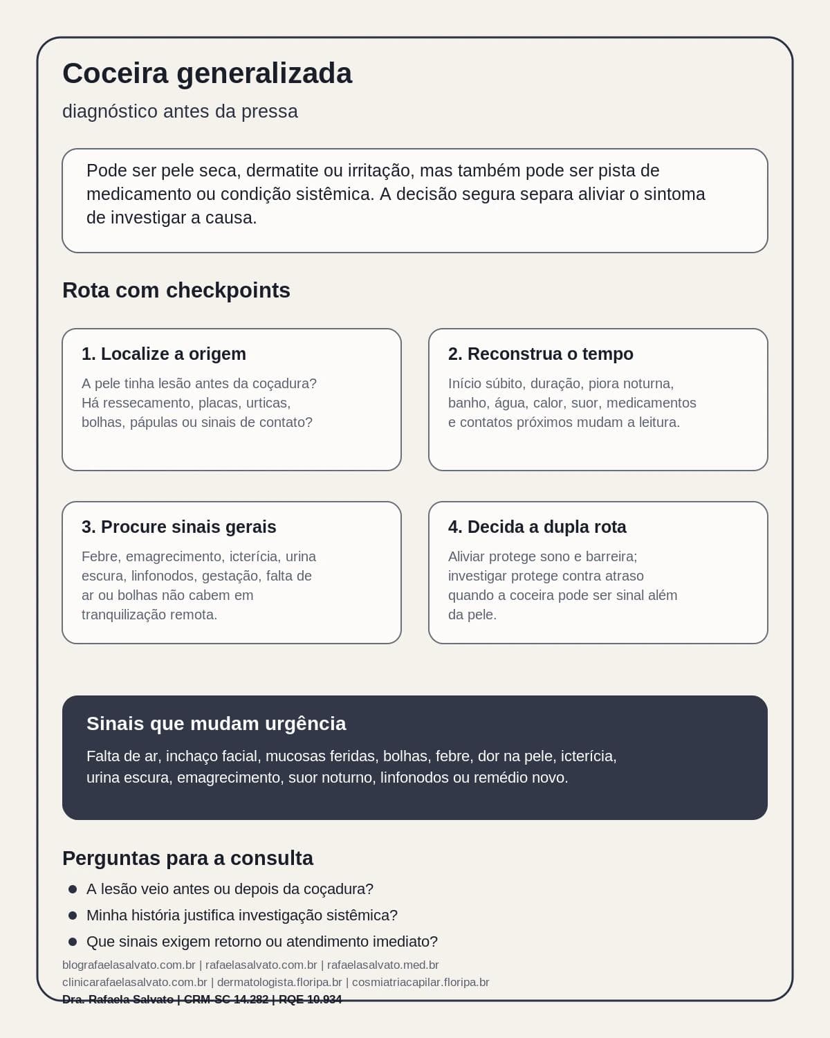 Infografico editorial - Coceira generalizada pele aponta algo sistemico: quando o diagnóstico precisa vir antes da pressa