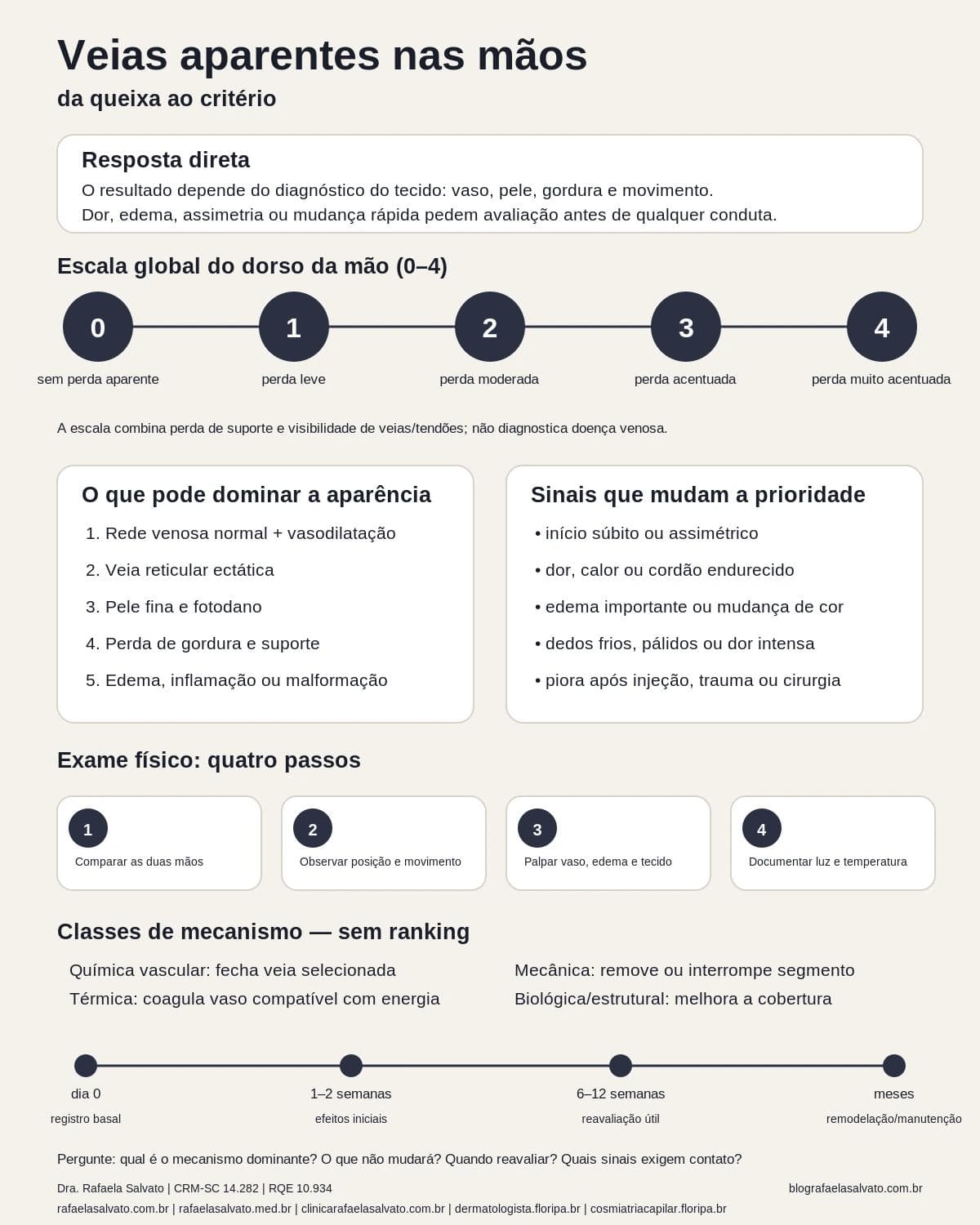 Infográfico editorial — Veias aparentes nas mãos: como a dermatologia estética avalia e trata