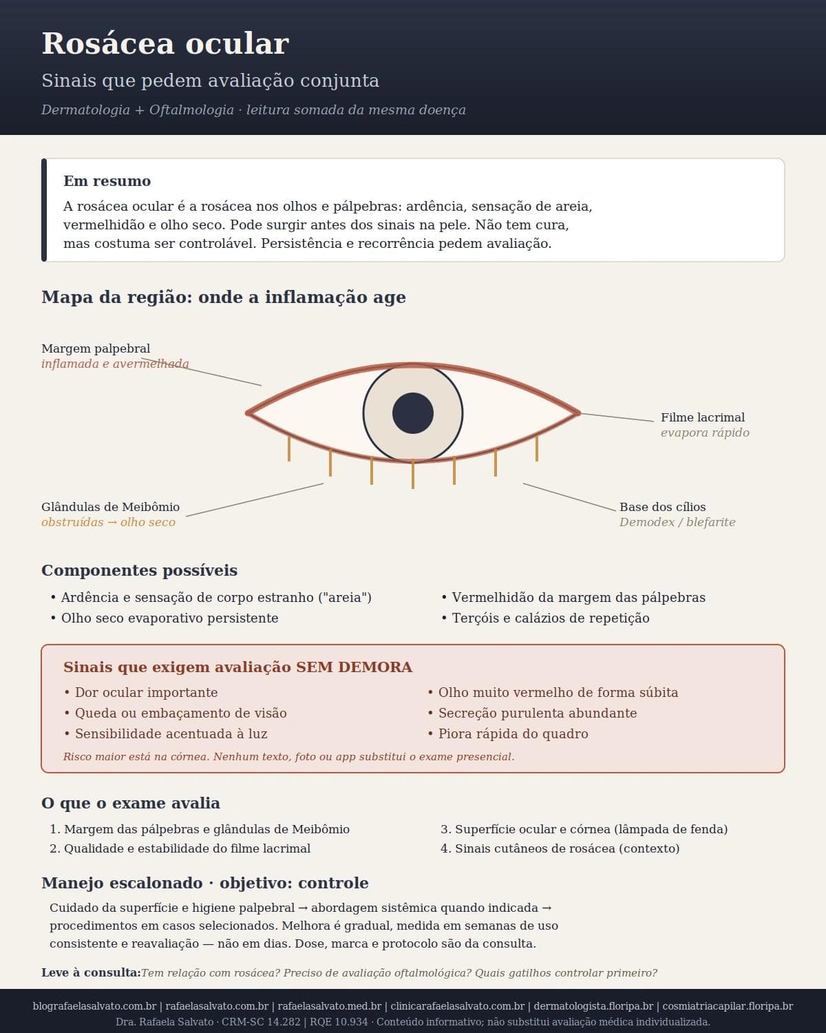 Infográfico editorial — Rosácea ocular: sinais que pedem avaliação conjunta