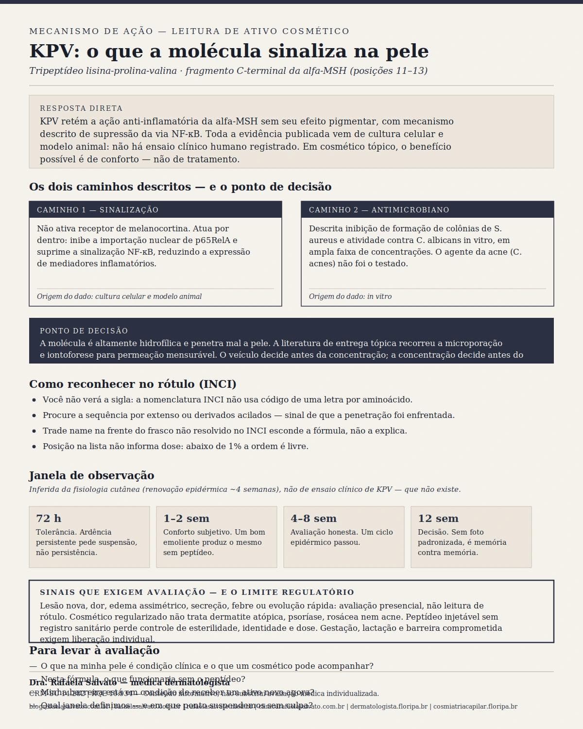 Infográfico editorial — KPV: peptídeo anti-inflamatório: pele sensível, acne e barreira