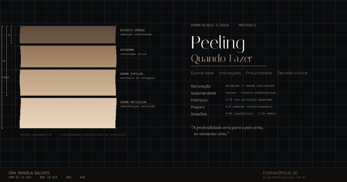 Infográfico esquemático sobre peeling dermatológico mostrando as camadas da pele — estrato córneo, epiderme, derme papilar e derme reticular — com indicação de profundidade de atuação do peeling superficial, médio e profundo, além de dados clínicos sobre sazonalidade, fototipos e preparo. Conteúdo por Dra. Rafaela Salvato, dermatologista em Florianópolis, CRM-SC 14.282.