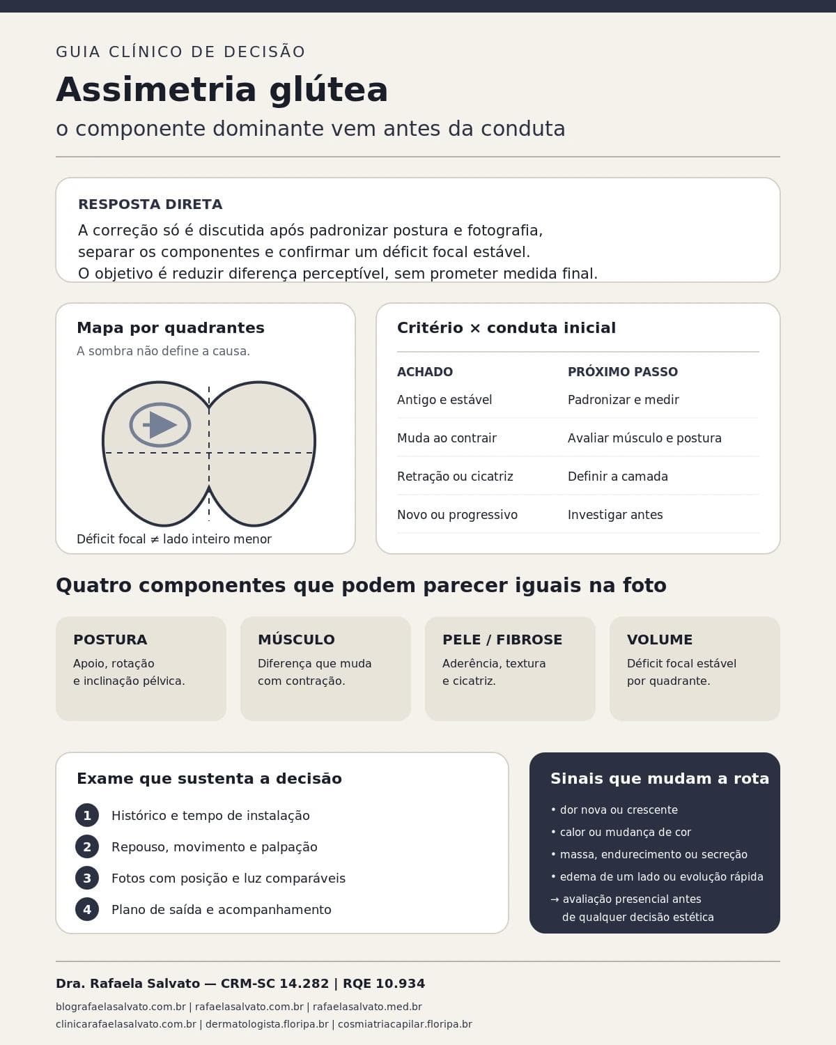 Infográfico editorial — Assimetria glútea: correção por vetores com preenchimento estratégico